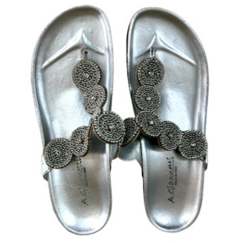 A. Giannetti Silver Metallic Color W/Crystal Embellishments Sandal 7.5